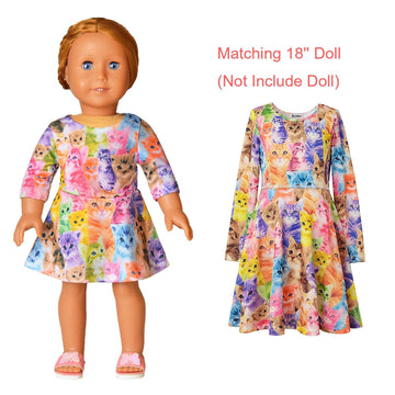 Cat Dresses For Girls & Doll 18 Inch Long Sleeve Fall Winter Kids Dresses 6 7