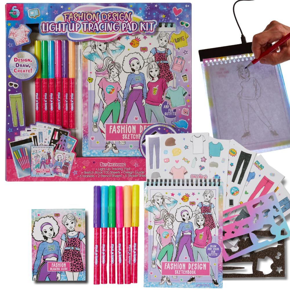 Create N Style Fashion Design Light Up Tracing Pad Kit, Kids Coloring Art Activity Set with Stickers and Stencils