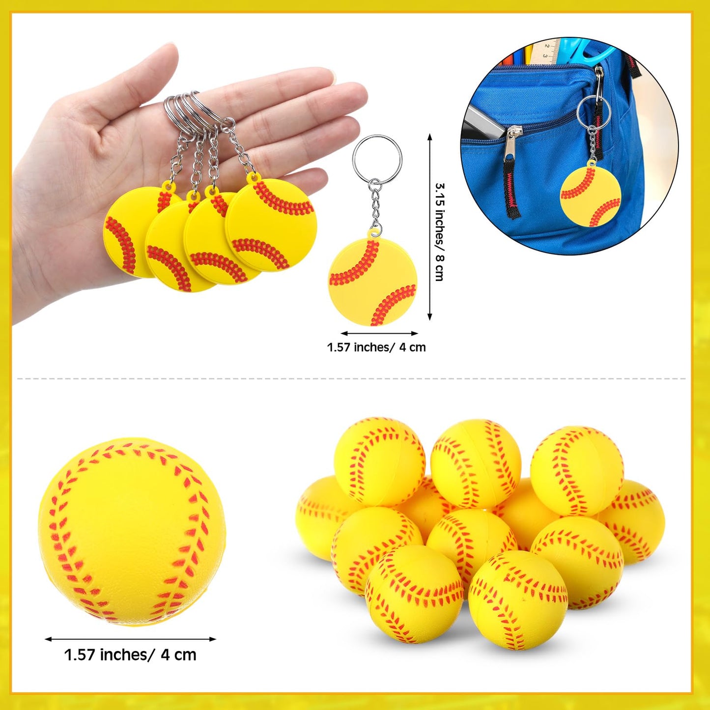 MiniInflat 96 Pcs Softball Party Favors for Kids Include 24 Softball Drawstring Bags, 24 Softball Keychain, 24 Silicone Softball