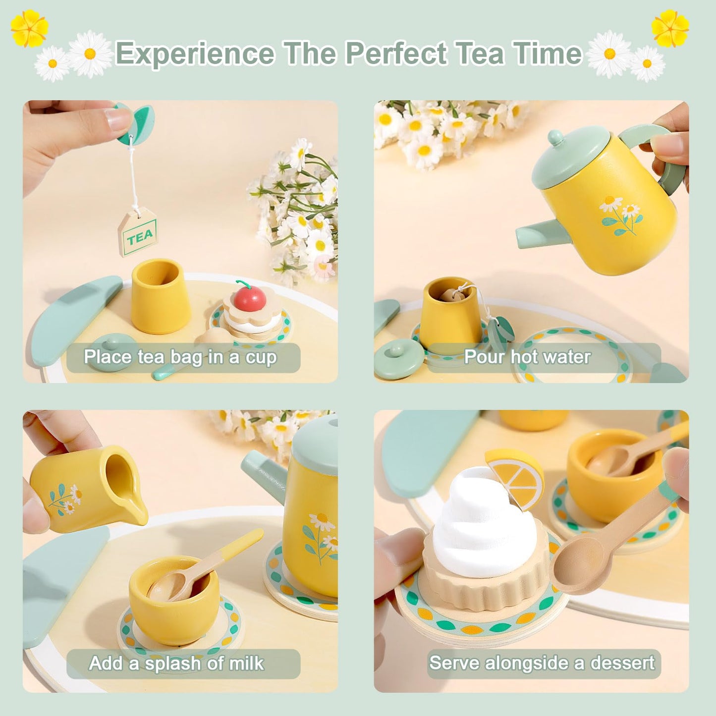 Wooden Tea Set For Toddlers Pretend Play Kitchen Accessories Little Girl Toys Tea Party Set For 3 4 5 6 Year Olds Enjoy Tea Time