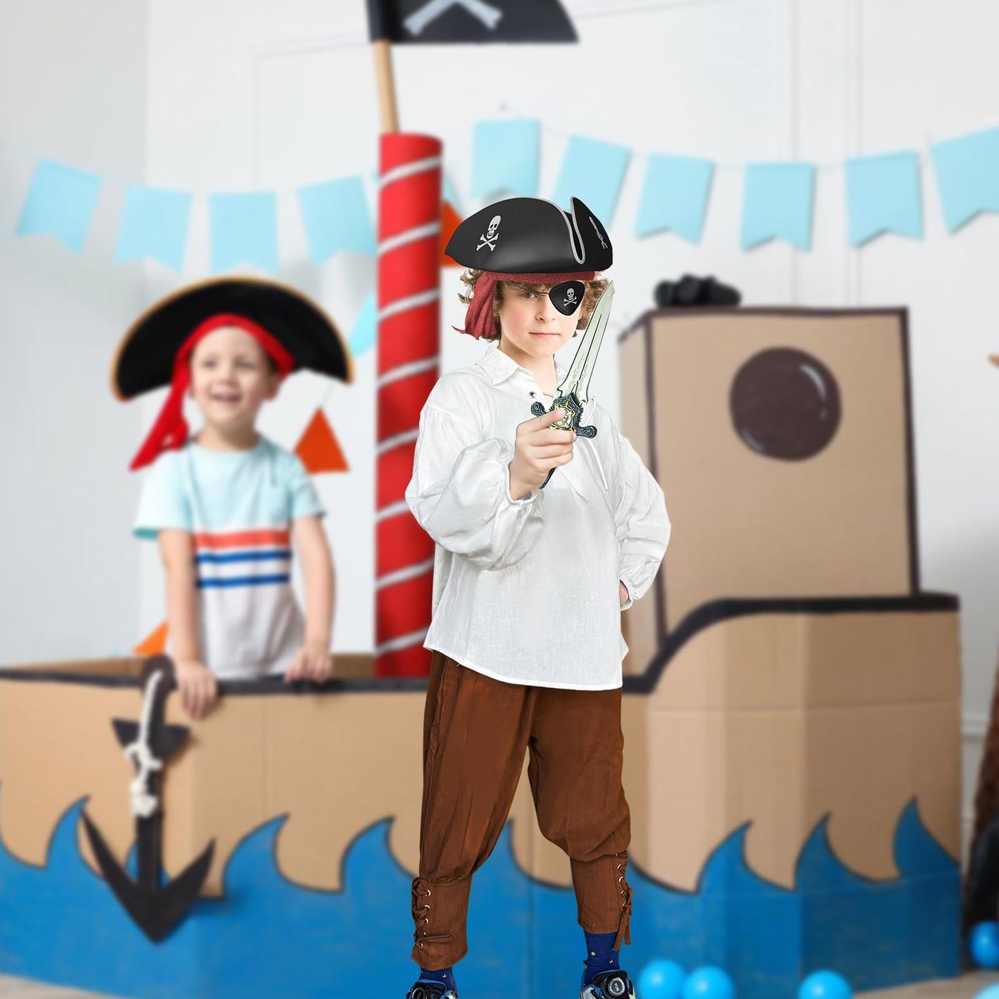 Prebene Boys Medieval Pirate Set Shirt & Ankle Pants Kids Renaissance Halloween Costume Scottish Jacobite Tops And Trousers (Whi