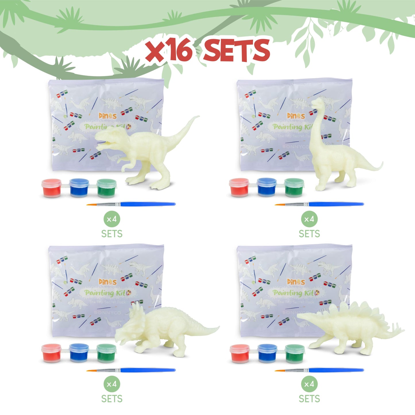 BONNYCO Dinosaur Painting Kit - 16 Kids Party Favors, Green Acrylic, Model GE0069, Ideal for Birthdays and Pinata Stuffers