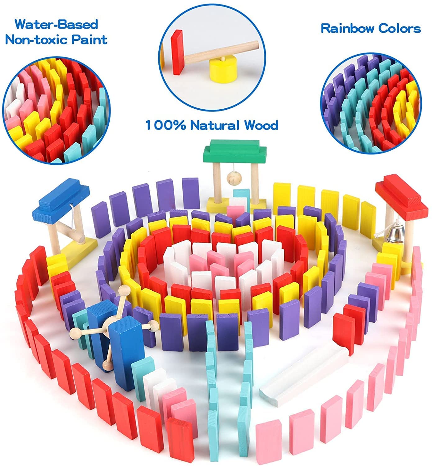Wondertoys 600 PCS Wooden Dominoes Set - Multicolored Building Blocks for Kids with 11 Add-ons & Storage Bag - Educational Toy for Parties