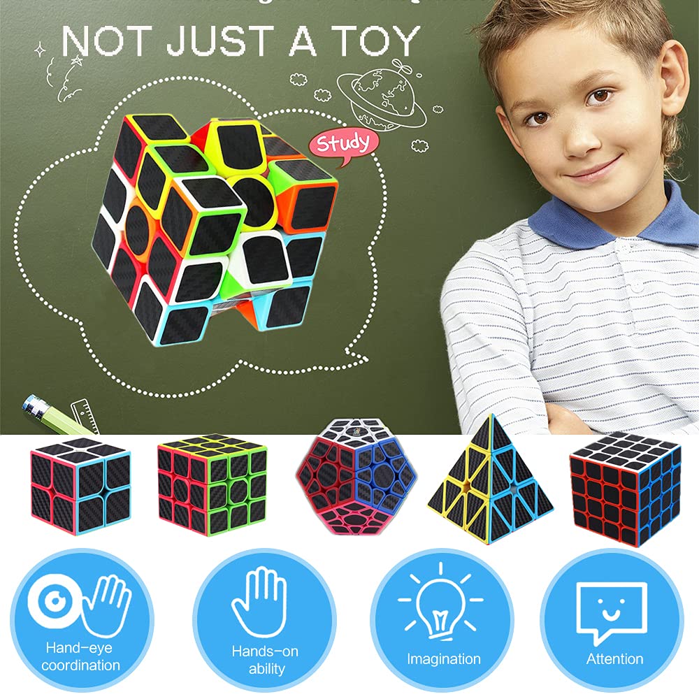 Roxenda Speed Cube Set, [5 Pack] Magic Cube Bundle Of 2X2 3X3 4X4 Megaminx Cube And Pyramid Cube Smoothly Carbon Fiber Sticker Speed Cubes Collection For Kids Teens & Adults