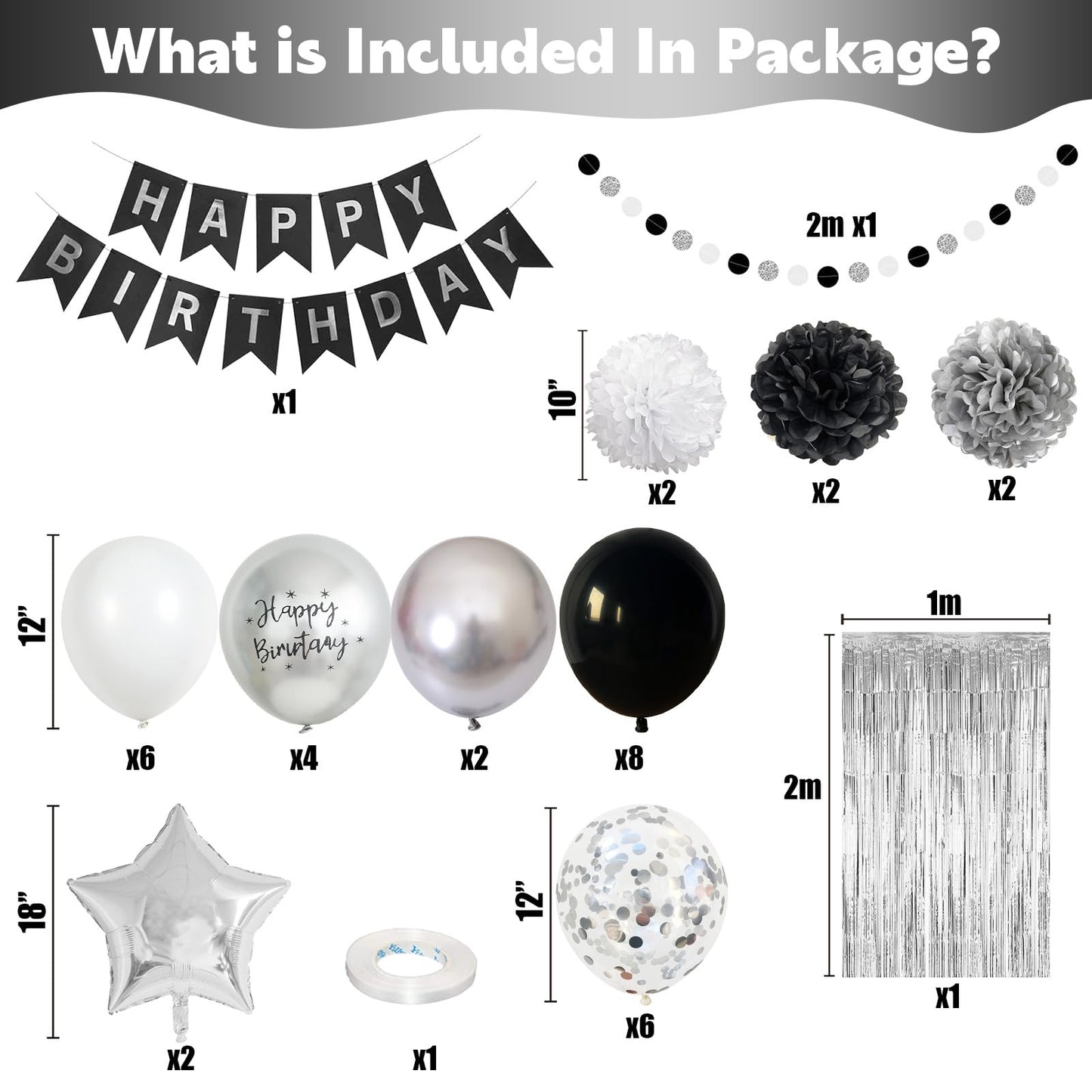 Black And Silver Birthday Party Decorations, Black White Silver Balloons Birthday Decoration Black Happy Bithday Banner Star Foi