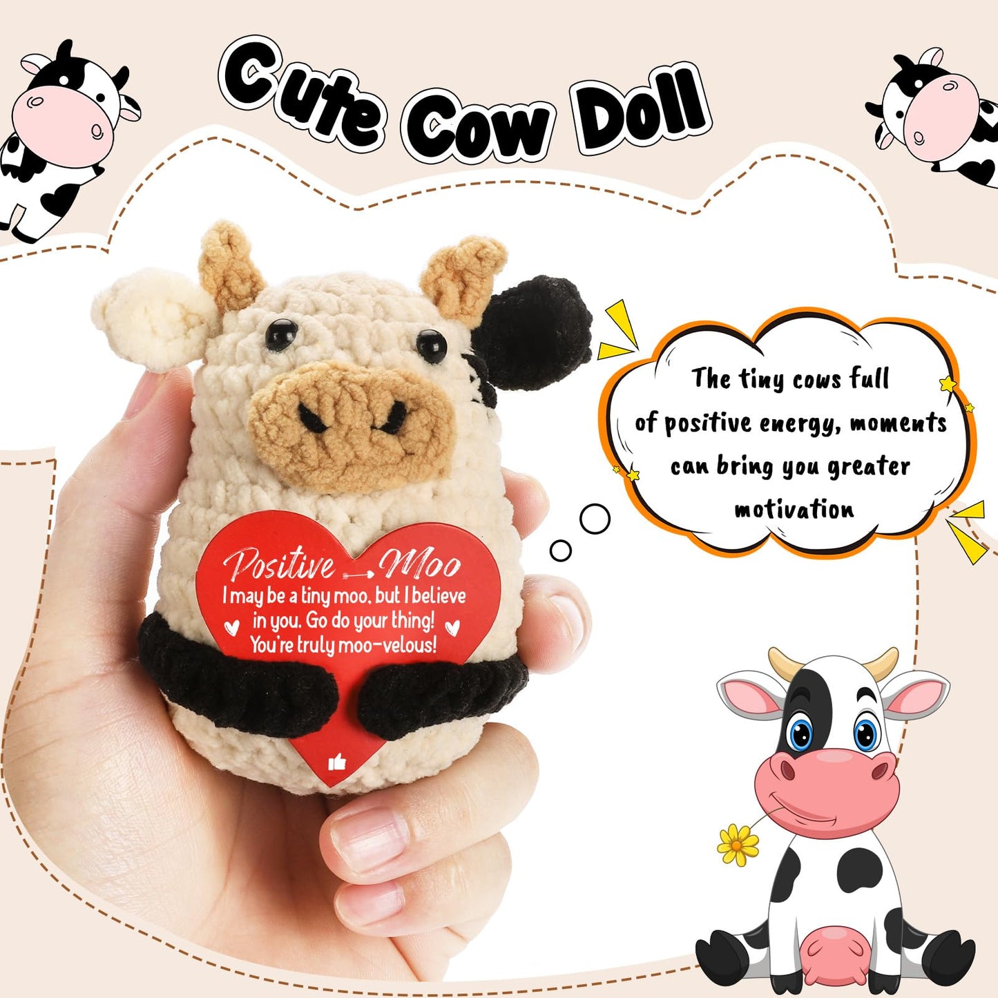 YUEYUQIU Mini Funny Cow Gifts for Women - Inspirational Motivational Gifts for Coworker Sister Best Friend Teens Girl - Cute Handmade Crochet Cow Present for Easter Birthday Graduation Christmas