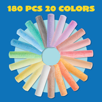 JOYIN 180 PCS Washable Sidewalk Chalks Set in 20 Colors Non-Toxic Jumbo Chalk for Outdoor Art Play, Painting on Chalkboard, Blac