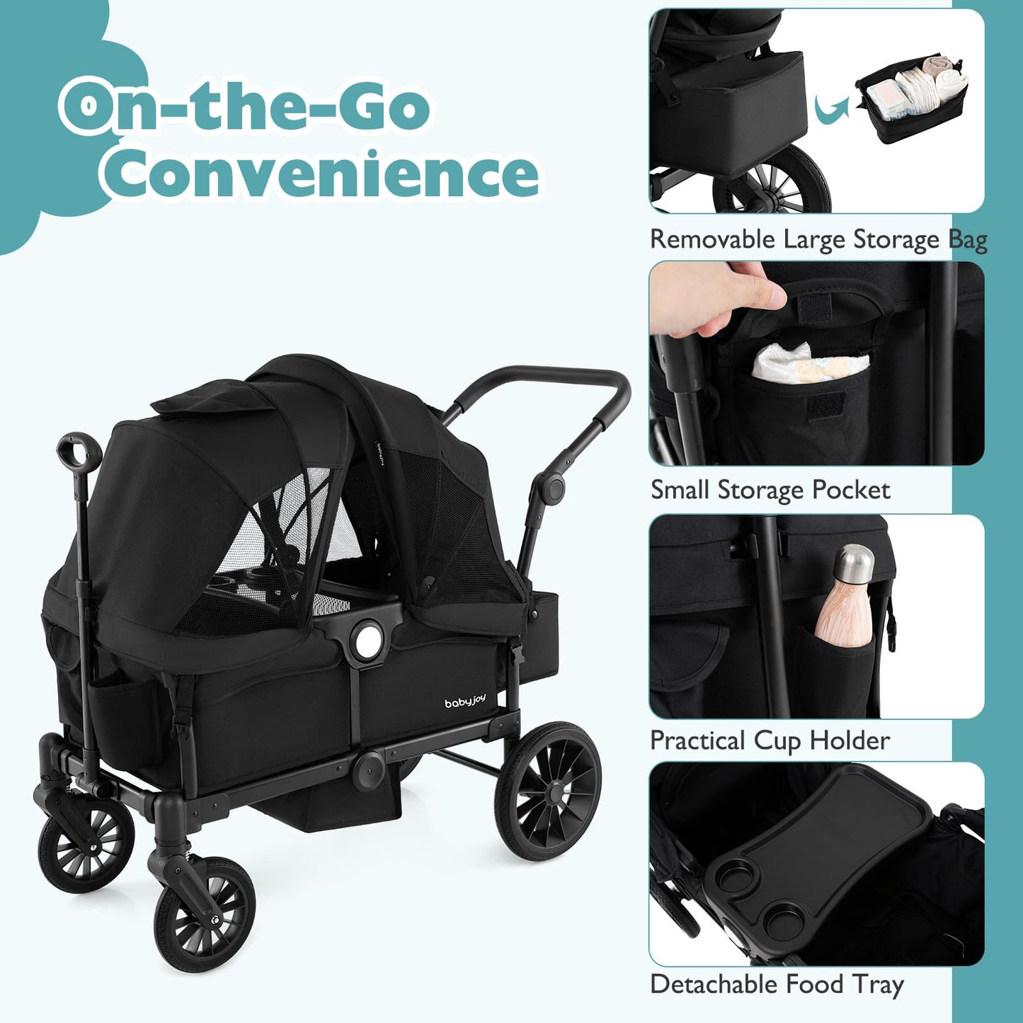 Baby Joy Wagon Stroller For 2 Kids, Collapsible Push Pull Double Stroller Wagon With Adjustable Handle Bar, Removable Canopy, Sa