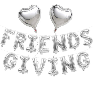Jobkoo Friendsgiving Balloons Friends Giving Party Decorations 16 Inches Tall Silver Heart Friendsgiving Foil Mylar Balloon Lett