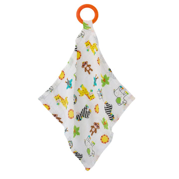 Nojo Sassy Baby Eli Elephant, Zebra And Giraffe Multi-Colored Print 100% Cotton Muslin Security Baby Blanket With Teether