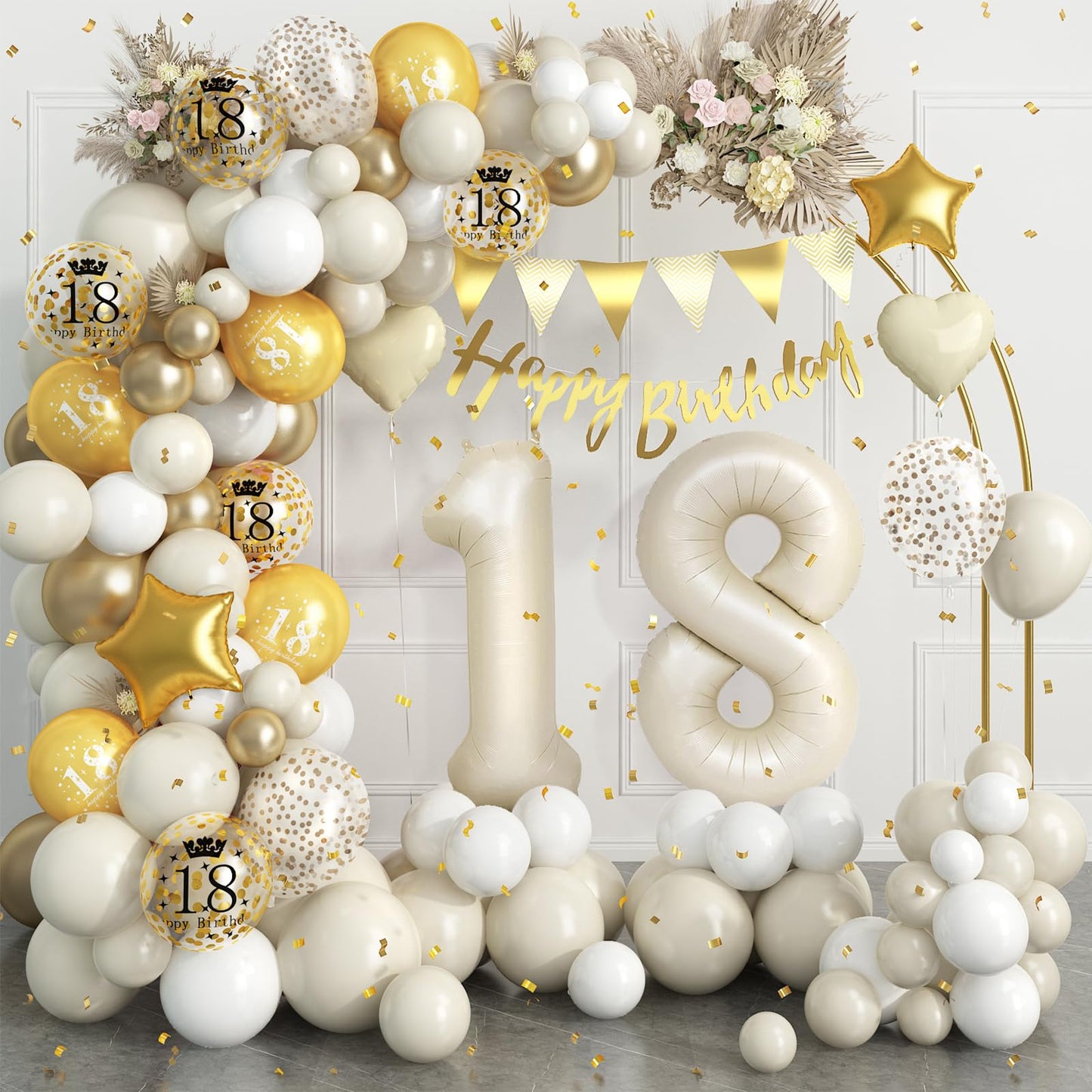18Th Birthday Decorations For Sand White Gold,18Th Birthday Balloon Arch Garland Kit With Happy 18Th Birthday Number 18 Foil Bal