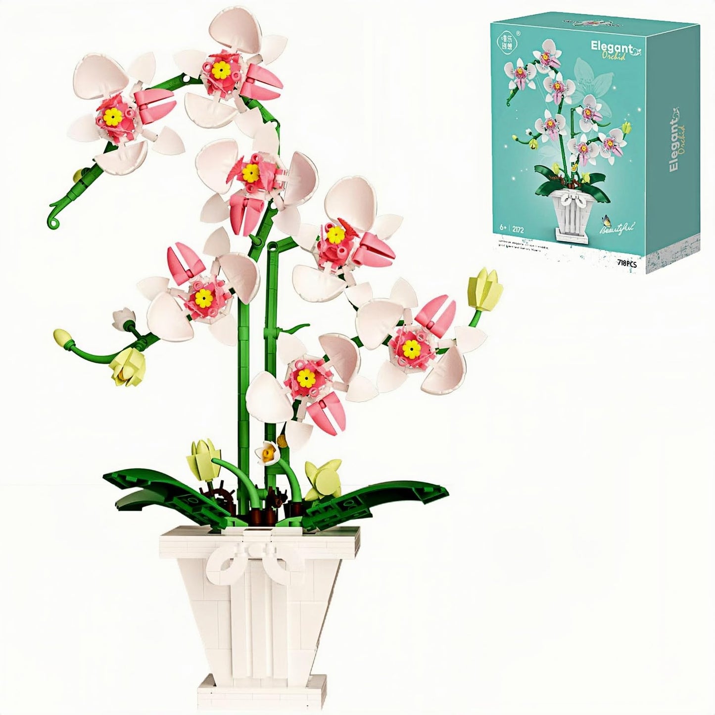 RECROQUO Orchid Flower Bouquet Set - 718 PCS Artificial Orchids with Vase, Pink, Green & White - Perfect for Mother's Day & Birthdays