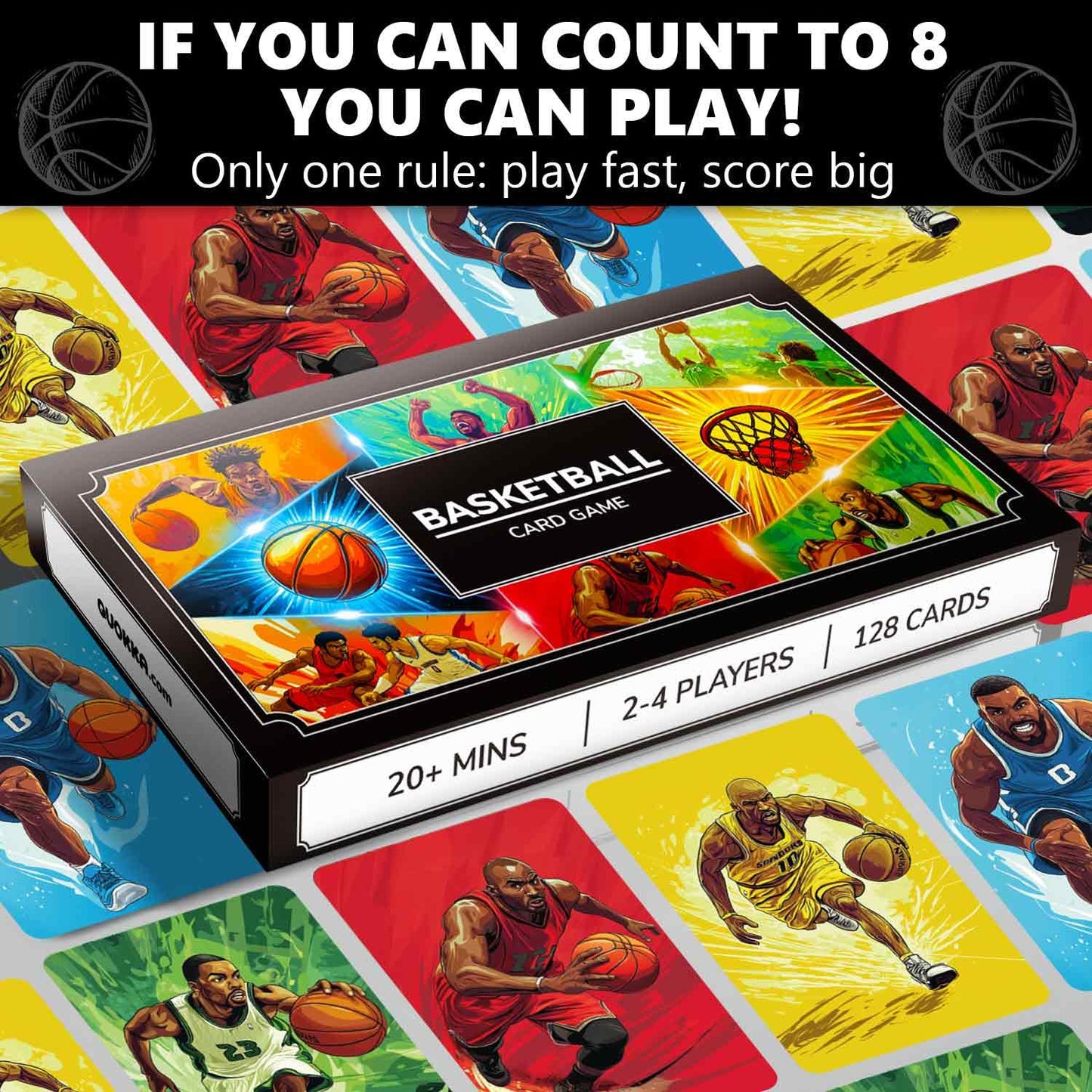 Quokka Basketball Fast-Paced Card Game For Kids & Adults - 128 Cards & Easy Rules - Quick & Fun Matching Game - 2-8 Players - Ag