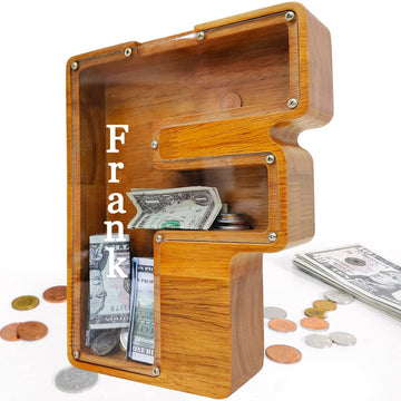 Custom 12'' Extra Large Wooden Piggy Bank (Laser Engraved Name), Personalized Piggy Bank For Kids Boys Girls, Alphabet Coin Bank