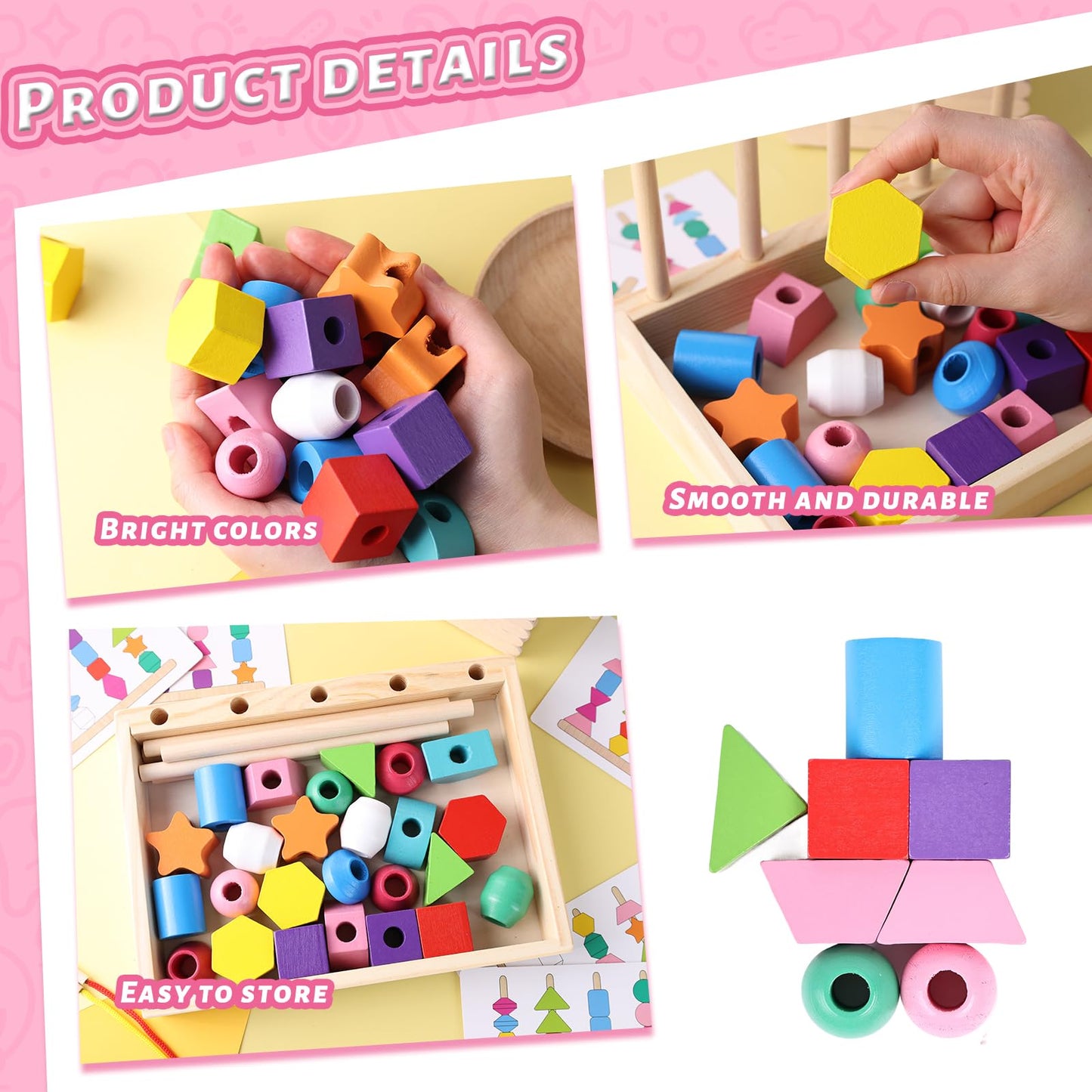 LovesTown Wooden Stacking Beads Toy - Montessori Educational Preschool Toy, Medium, Multi Color, Model HLT2686