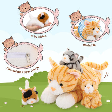 Muiteiur 4 Piece Cats Stuffed Animals, 15.7 Inch Mom Plush Cat With 3 Kittens Stuffed In Zipper Pouch, Cute Yellow Mom And Baby Stuffed Cats For Kids Girls Boys