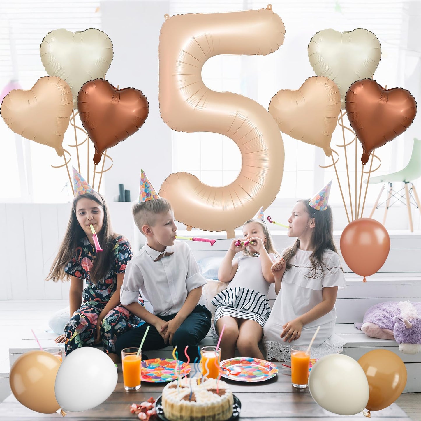Biapian 40 Inch Light Brown Number 5 Balloons, Apricot Large Number 5 Balloon With 18'' Retro Foil Heart Balloons Helium For Neu