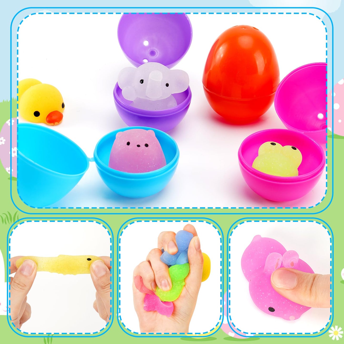 36 Pcs Prefilled Easter Eggs with Mochi Squishy Toys, Easter Eggs Filled with Glitter Soft Animals, Stress Reliever Squishy Toy