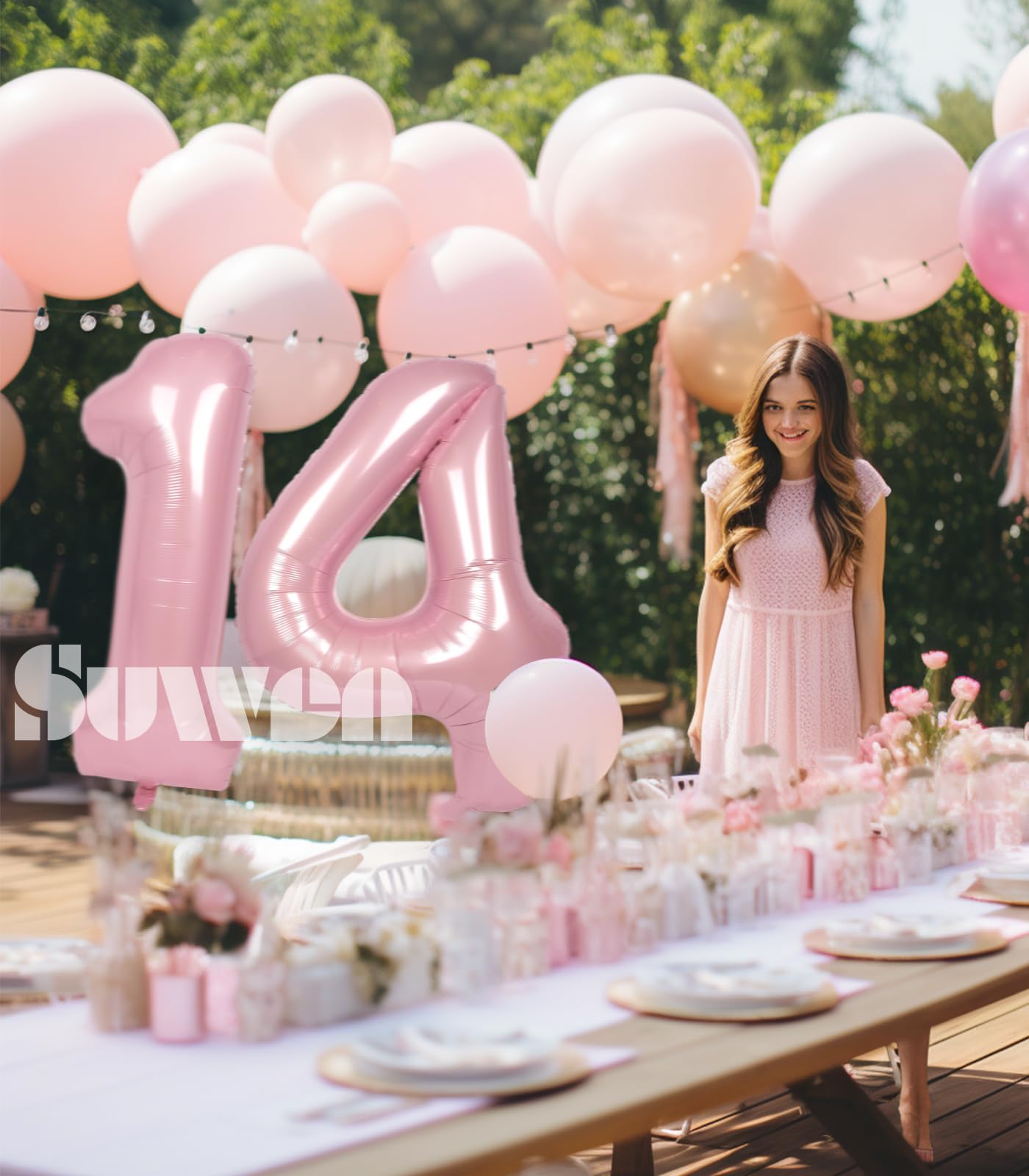 SUWEN 14-Inch Pink Foil Number Balloons 0-9 Jumbo Mylar Birthday Party Decorations for Girls and Women