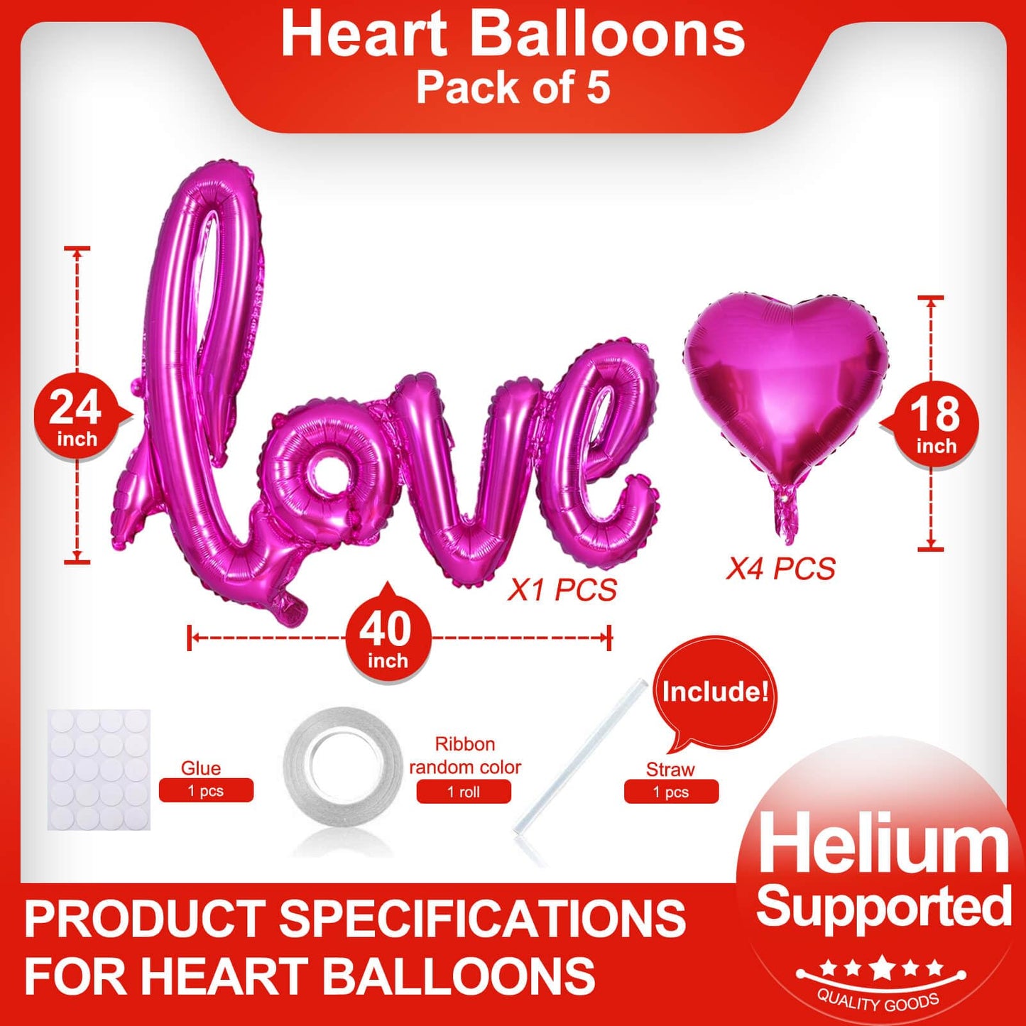 5 Pcs Hot Pink Heart Balloons Hot Pink Love Balloons For Valentines Day Decorations Bridal Shower Wedding Party Decorations