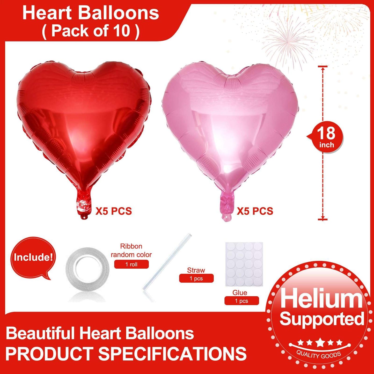Lovoir 10 Pcs Red Pearl Pink Heart Shape Foil Mylar Balloons 18 Inch Love Balloons For Valentine'S Day Birthday Party Decoration