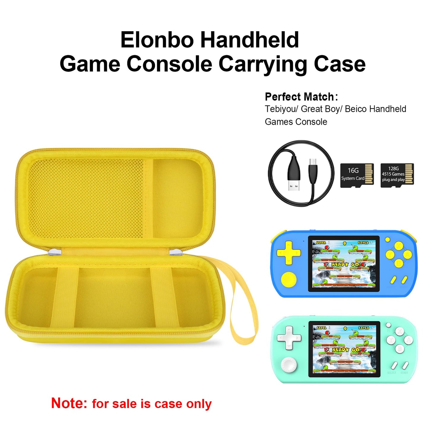 Elonbo Carrying Case for TEBIYOU/ Great Boy/ Beico Handheld Game Console Retro Video Games  Portable Gaming Player Travel Storage Cover  Mini Arcade Electronic Toy Holder Bag  Yellow