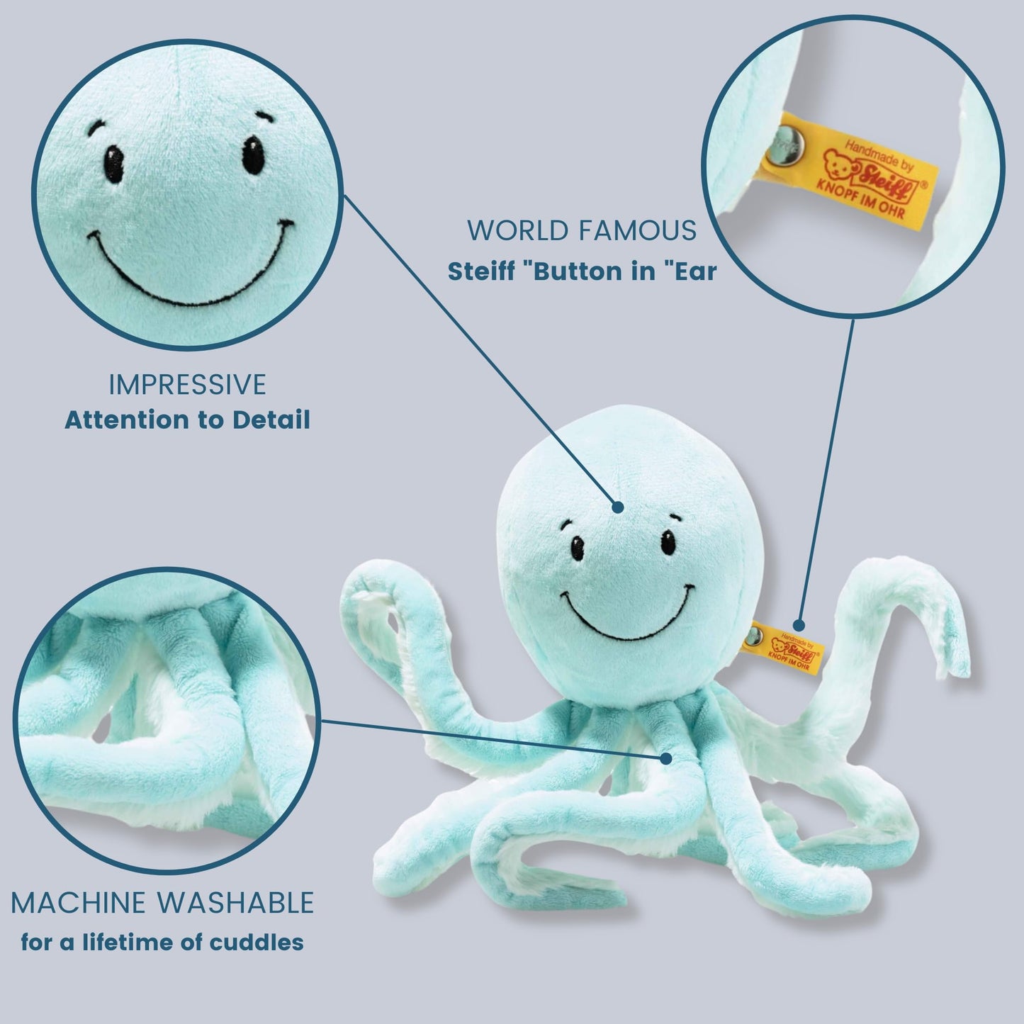 Steiff Ockto Octopus, Premium Octopus Stuffed Animal, Octopus Toys, Stuffed Octopus, Octopus Plush, Sea Stuffed Animals, Ocean Toys, Ocean Plush, Soft Cuddly Friends (Turquoise, 11')