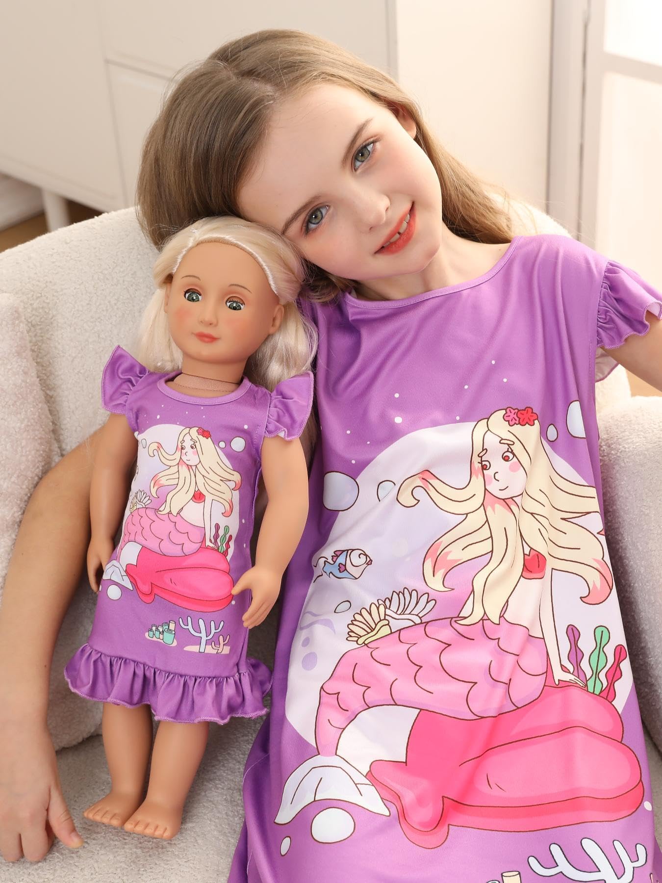 Bow Dream Girl Dress Cute and Matching American Girl Doll Clothes Accessories for Girls Dresses Set Party Birthday Purple Mermai