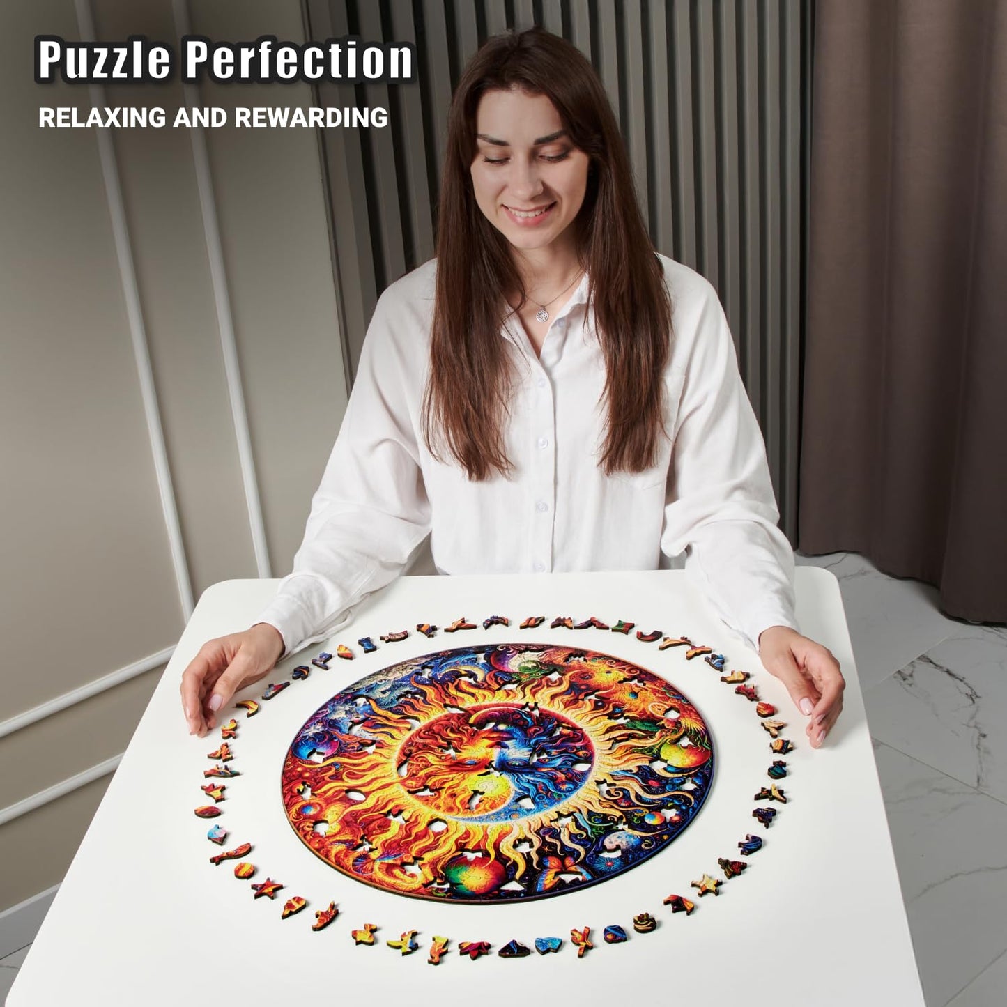 Galactic Enigma - 500 Piece Wooden Puzzles for mature-themeds - 17.8 x 17.8 in - Extra-Thick 5 mm Wood Puzzle  Hand-Shaped Pieces  Round XL Mosaic Design - enhanced Gift for Puzzle Lovers by LEOGOR