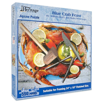 Heritage Puzzle Blue Crab Feast Theme Puzzles for mature-themeds by William Bock and Maria Sotolongo - 550 Piece Jigsaw Puzzles - 24 x 18 Finished Size - Unique mature-themed Puzzles - Blue Crab Puzzle