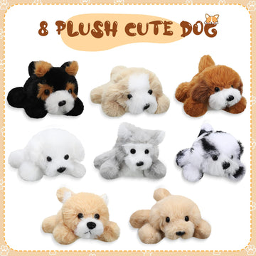 8-Piece Plush Pets Set, 5-Inch Assorted Stuffed Animals, Small Long-Hair Dogs For Kids, Classroom & Party Decorations