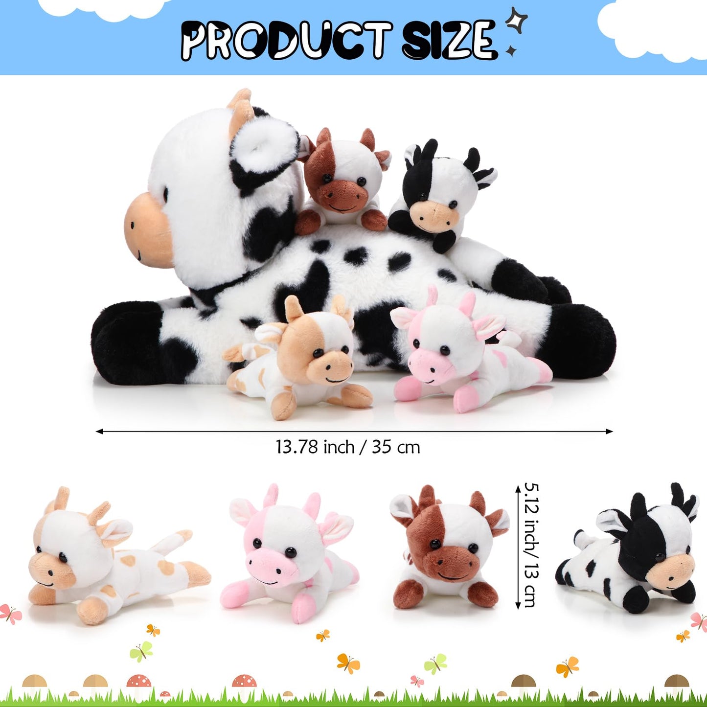 Sumind Cow Plush Animals Set - 5 Pcs, 13.78 Inch Mommy Cow with 4 Baby Calves, Soft Plush, Ideal for Baby Showers, As Pictures Show