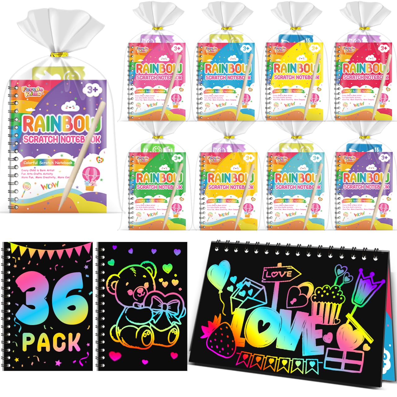 FEREDO KIDS Party Favors for Kids: 36 Pack Rainbow Scratch Art Notebook Back to School Students Classroom Gifts Bulk for Girls B