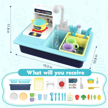 Funmission Play Kitchen Sink Toys, Children Electric Dishwasher Play Sink With Running Water, Play Kitchen Accessories, Upgraded