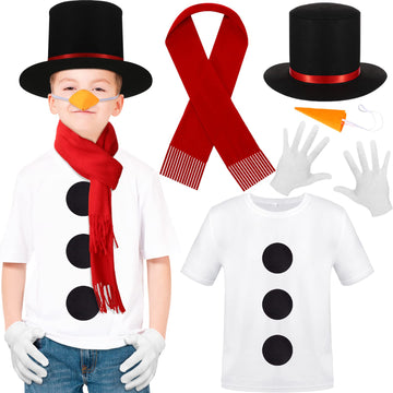 Hotop 6 Pcs Christmas Snowman Costume Kit For Kid Party Cosplay Supply Red Scarf Carrot Nose Gloves T Shirt Hat(Large)