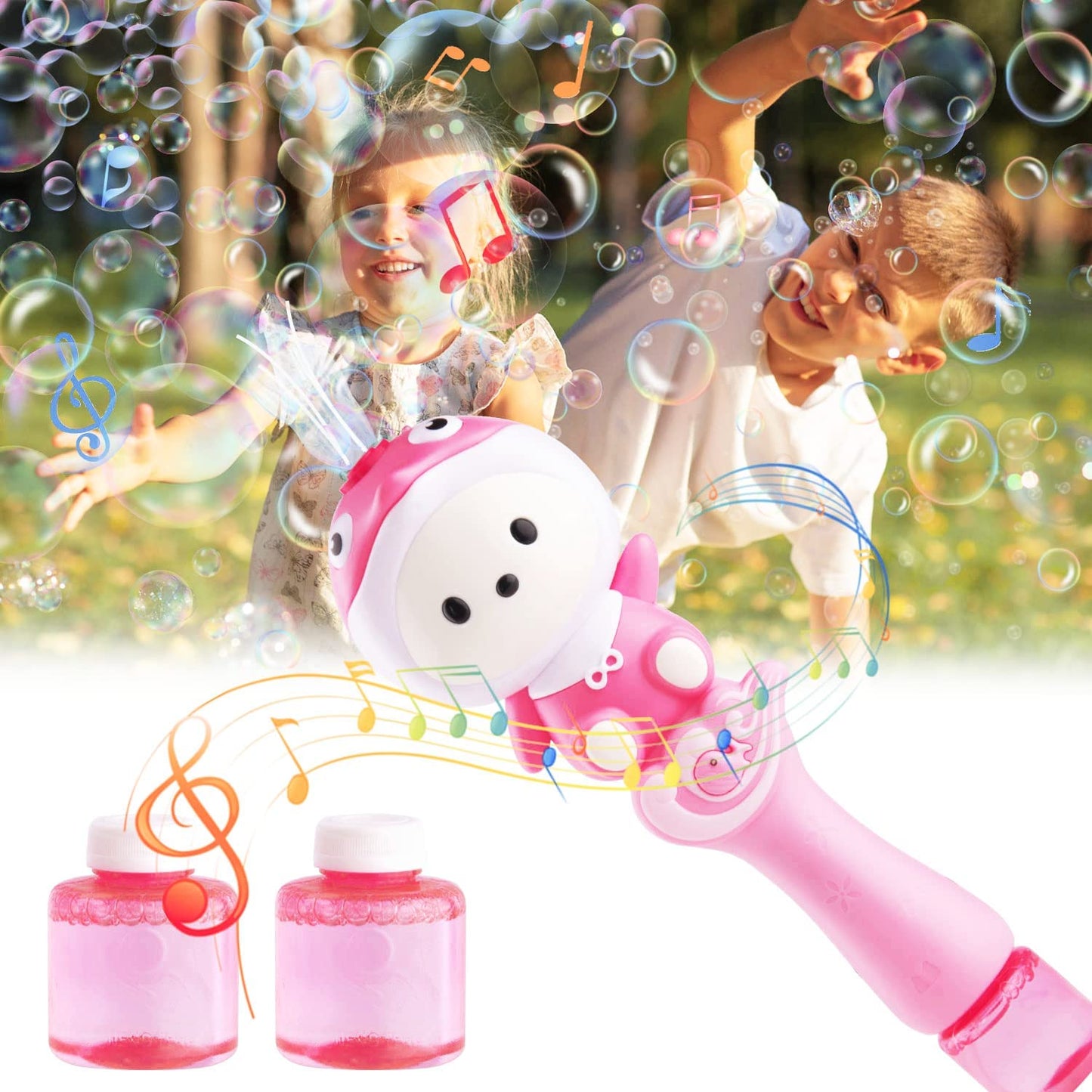 Cute Bubble Wand Machine For Kids,Automatic Electric Cartoon Musical Light Usb Rechargeable Bubble Maker With 2 Bubble Solutions