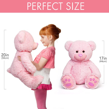Lotfancy Teddy Bear Stuffed Animals, 20 Inch Pink Stuffed Bear, Cute Plush Toy With Footprints, Plushies For Kids Baby Toddlers