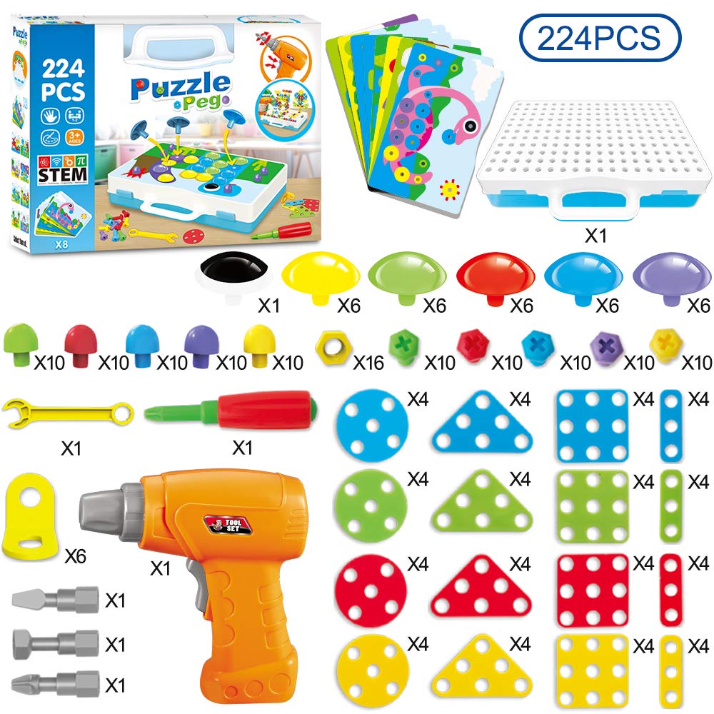 224 Pieces Creative Mosaic Drill Design Puzzle Set for Kids, Electric Drill and Screwdriver toy Tool DIY Educational Set, STEM E