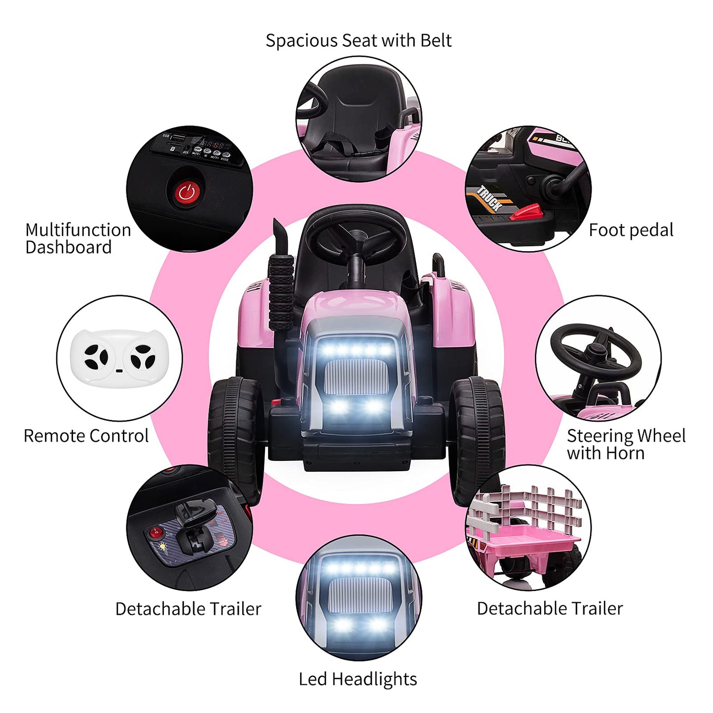12V Kids Ride On Tractor With Trailer & Remote Control, Toddler Battery Powered Electric Vehicle, Slow Start 7Led Headlights Usb Music Player 2+1 Gear Shift, Pink, 35W/ Eva Tire