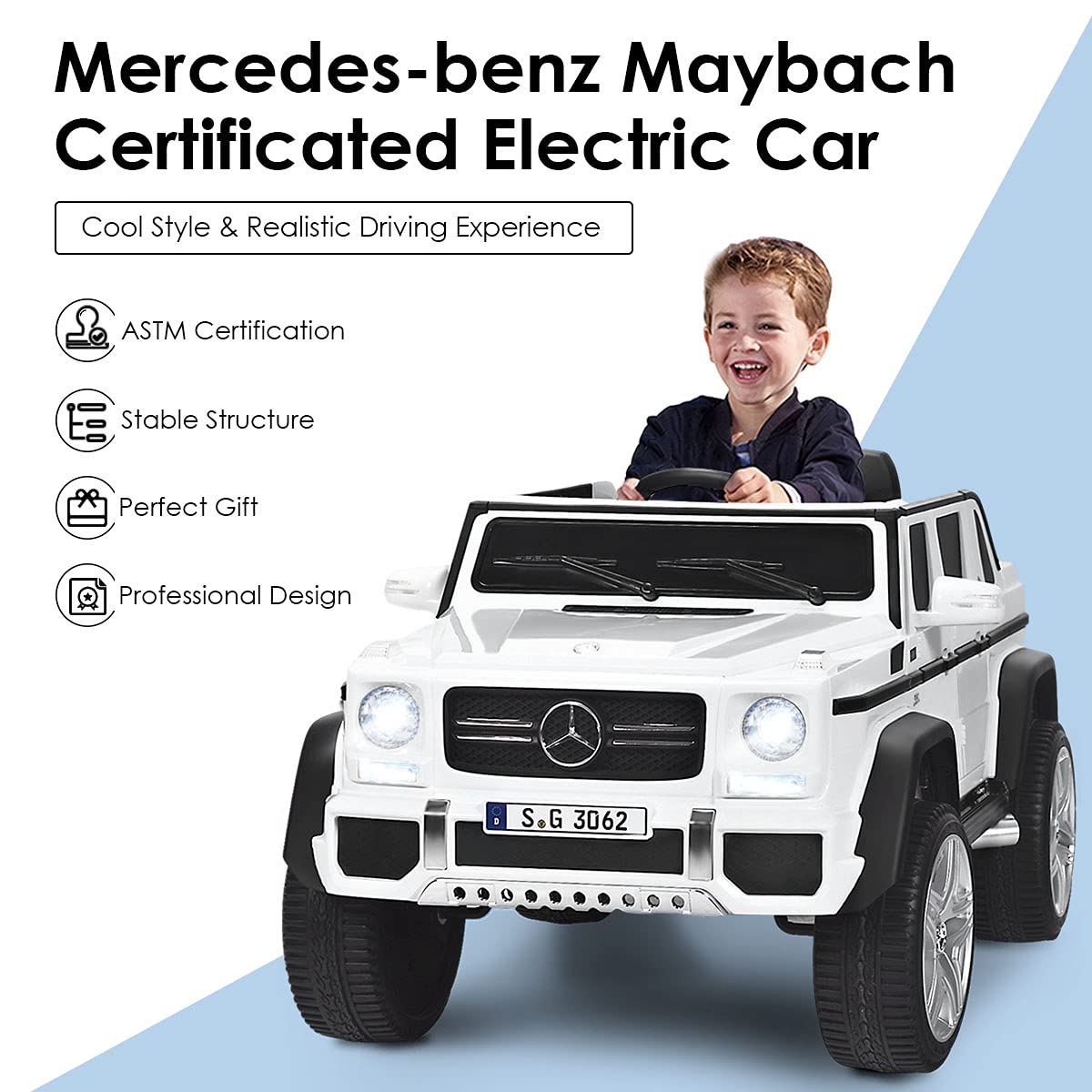 HONEY JOY Mercedes-Benz Maybach G650 Ride On Truck, 12V Electric Car, Remote Control, LED Lights, Music, White