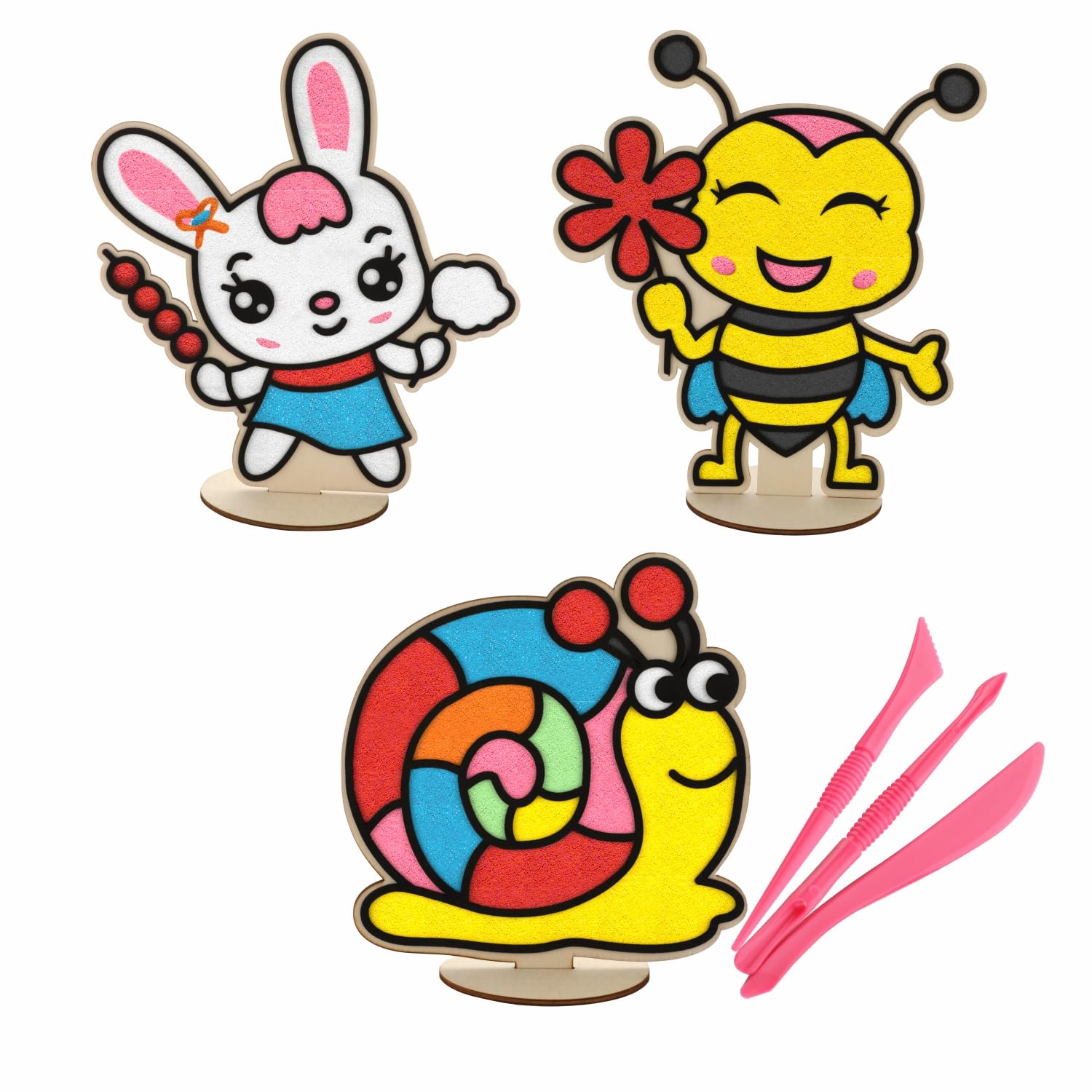 Spartan Kids Wooden Rabbit, Honey Bee, And Snail (Set Of 3)  Diy Foam Clay Art Kit With Stand And 8 Colors For Kids Ages 612
