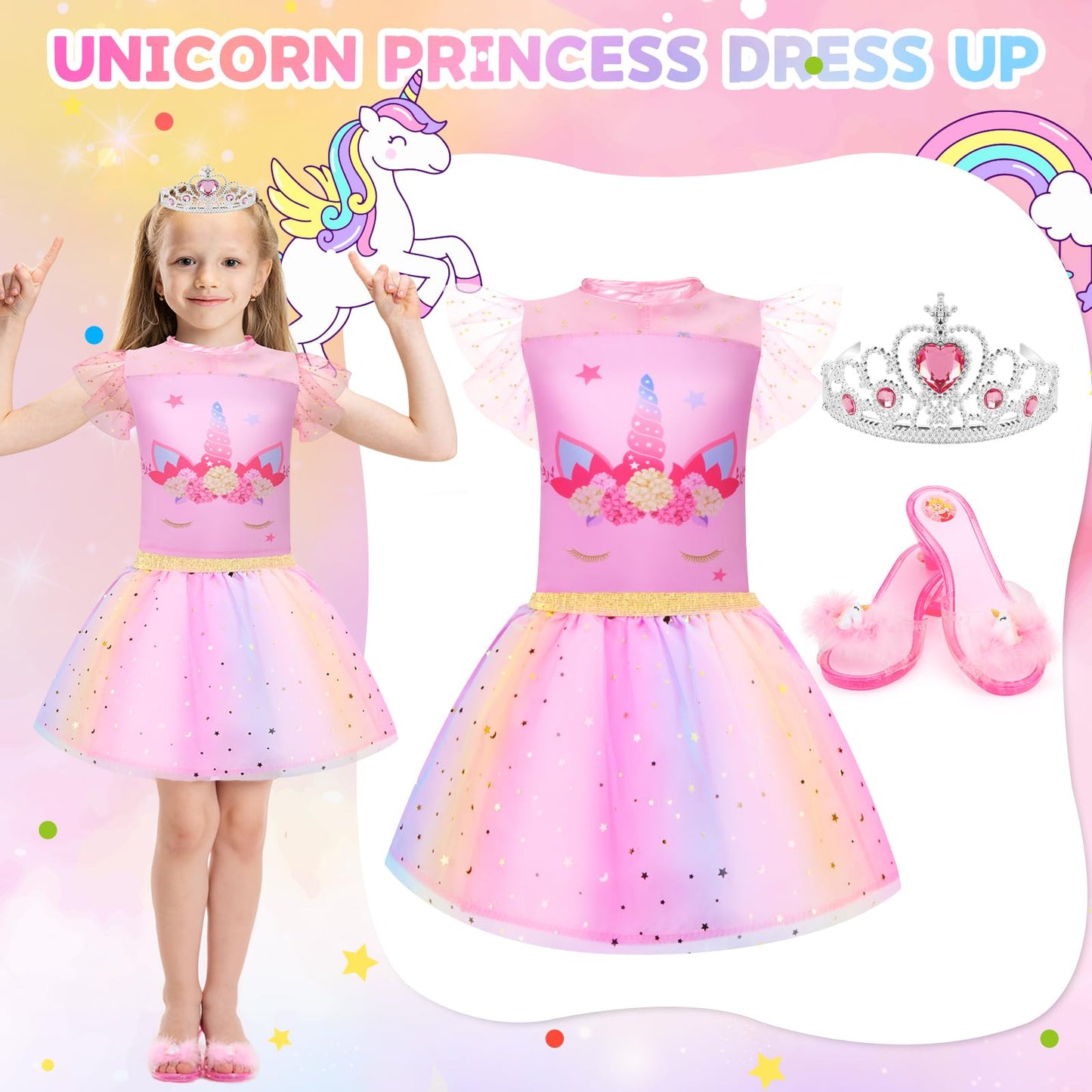 Unicorn Costume & Mermaid Costume For Girls,Blue Princess Dress Up Clothes With Top, Fairy Tutu, Shoes, Crown Toddler Role Play Toy For Halloween Christmas Birthday Party Toys 3 4 5 6 Years