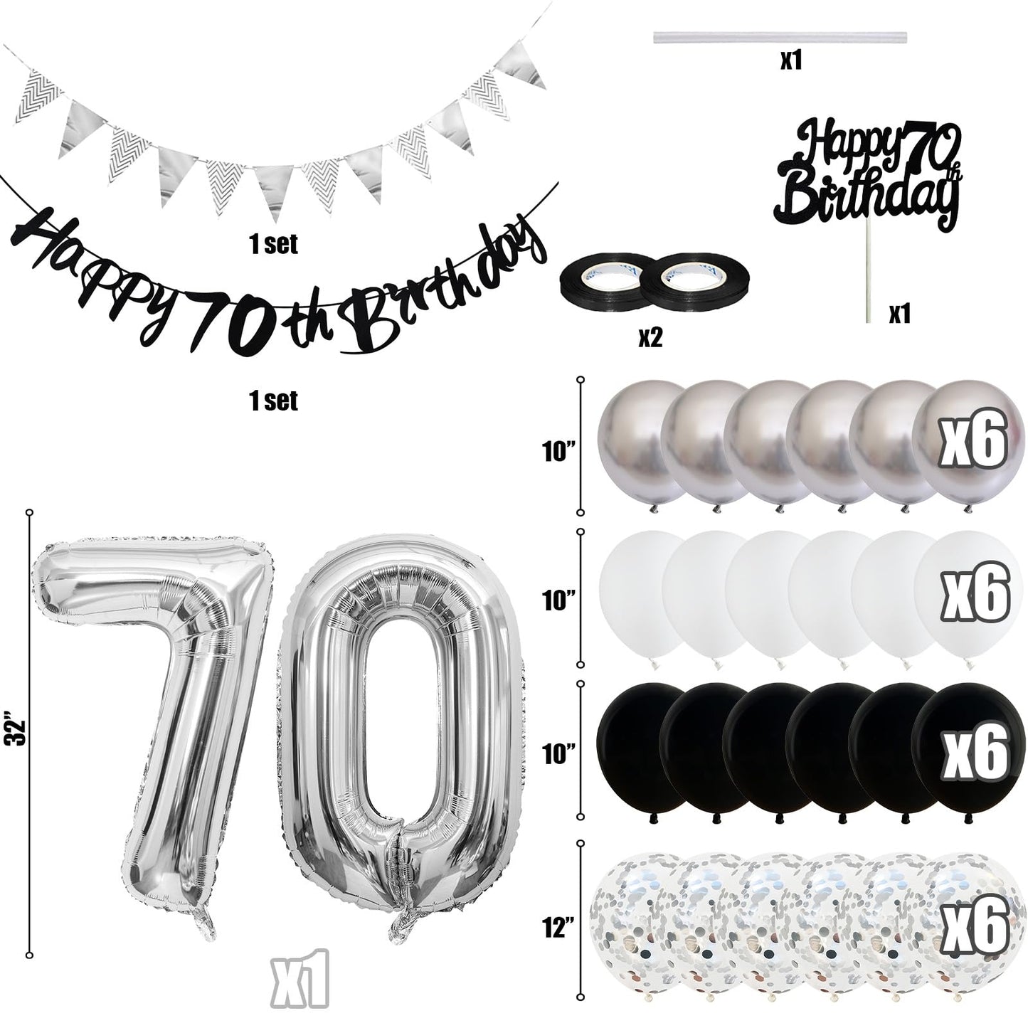 70Th Birthday Decorations For Men Women, Black Silver White Birthday Balloons, Black Happy 70Th Birthday Banner Birthday Cake To