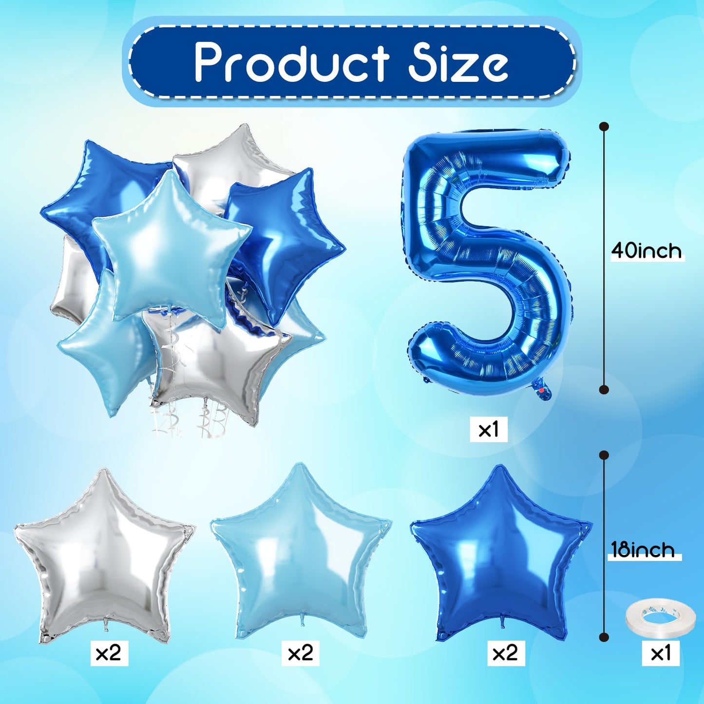 40 Inch Dark Blue Number Balloons 15, Large Royal Light Blue 15 Helium Foil Mylar Balloon, Globos Azules Self Inflating Silver S