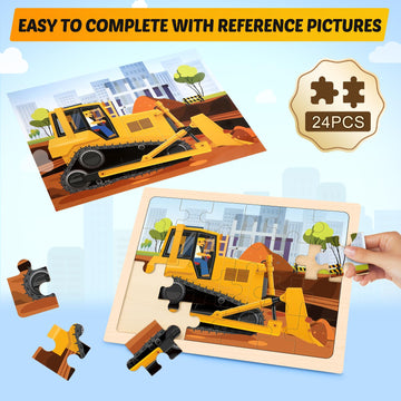 Wooden Puzzles For Kids Ages 4-6, 4 Packs 24 Pcs Construction Vehicle Jigsaw Puzzles For Kids Ages 3-5, Preschool Educational Pu