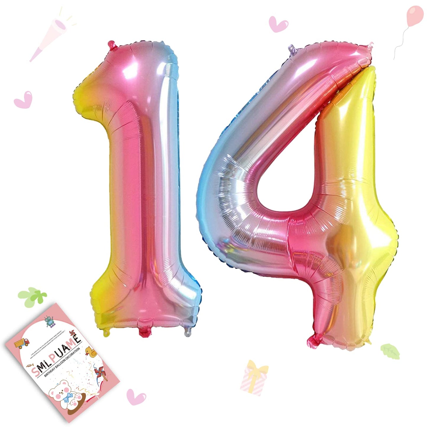 Smlpuame 40 Inch Number Balloons 0-9 Rainbow Gradient Large Number 14 Balloons, Digital Balloons For Birthday Party Celebration