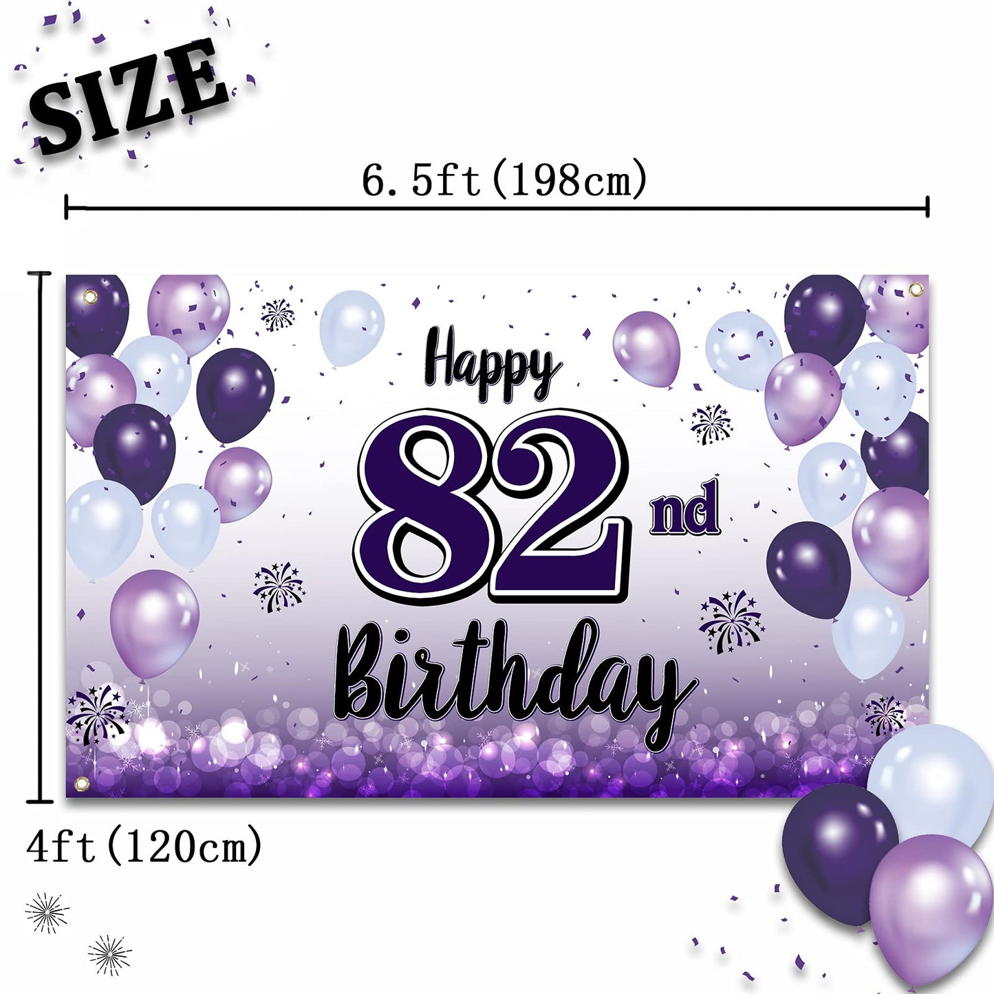 LASKYER Happy 82nd Birthday Decorations,82nd Purple Balloon Large Birthday Banner Backdrop Sign,82 Years Old Bday Party Supplies