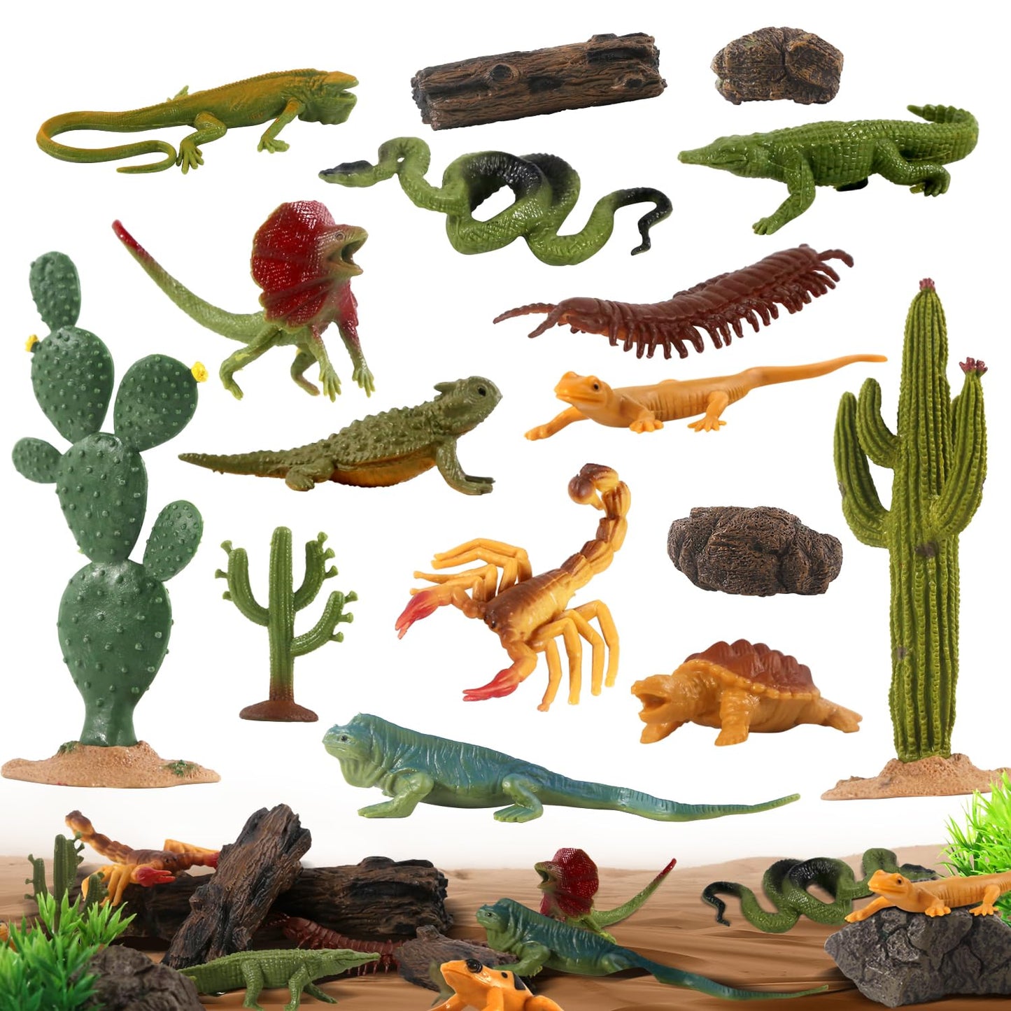 Kukifun 32Pcs Desert Reptiles Animals Figures Toys Resin Diorama Lizard Snake Cactus Trees Rock Playset For Kids Toddlers Cake D