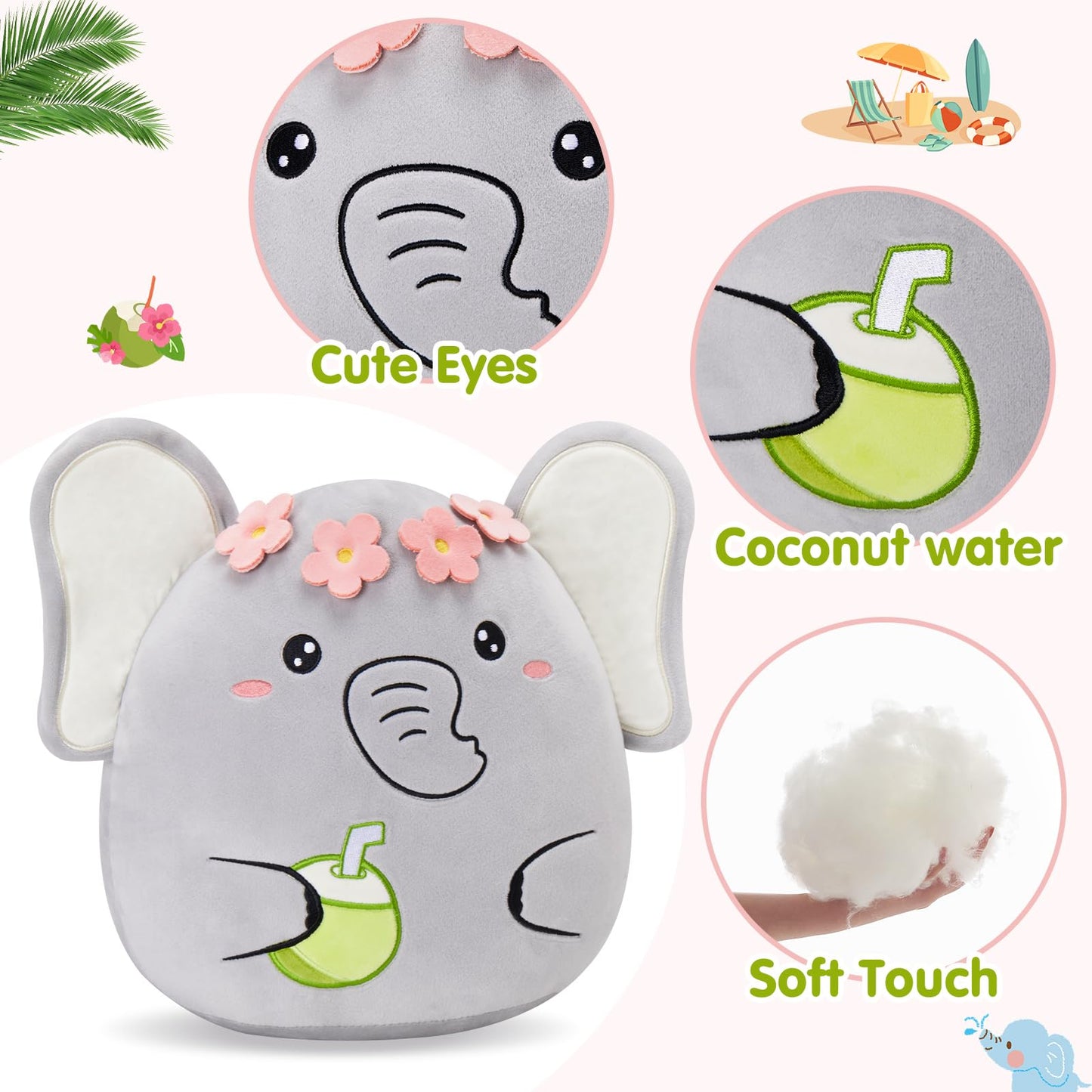 Athionsu 12-Inch Adorable Elephant Plush Toy Flower Crown with Coconut Detail for Toddler Kids and Boys  Great for Bedroom Decor and Cuddling