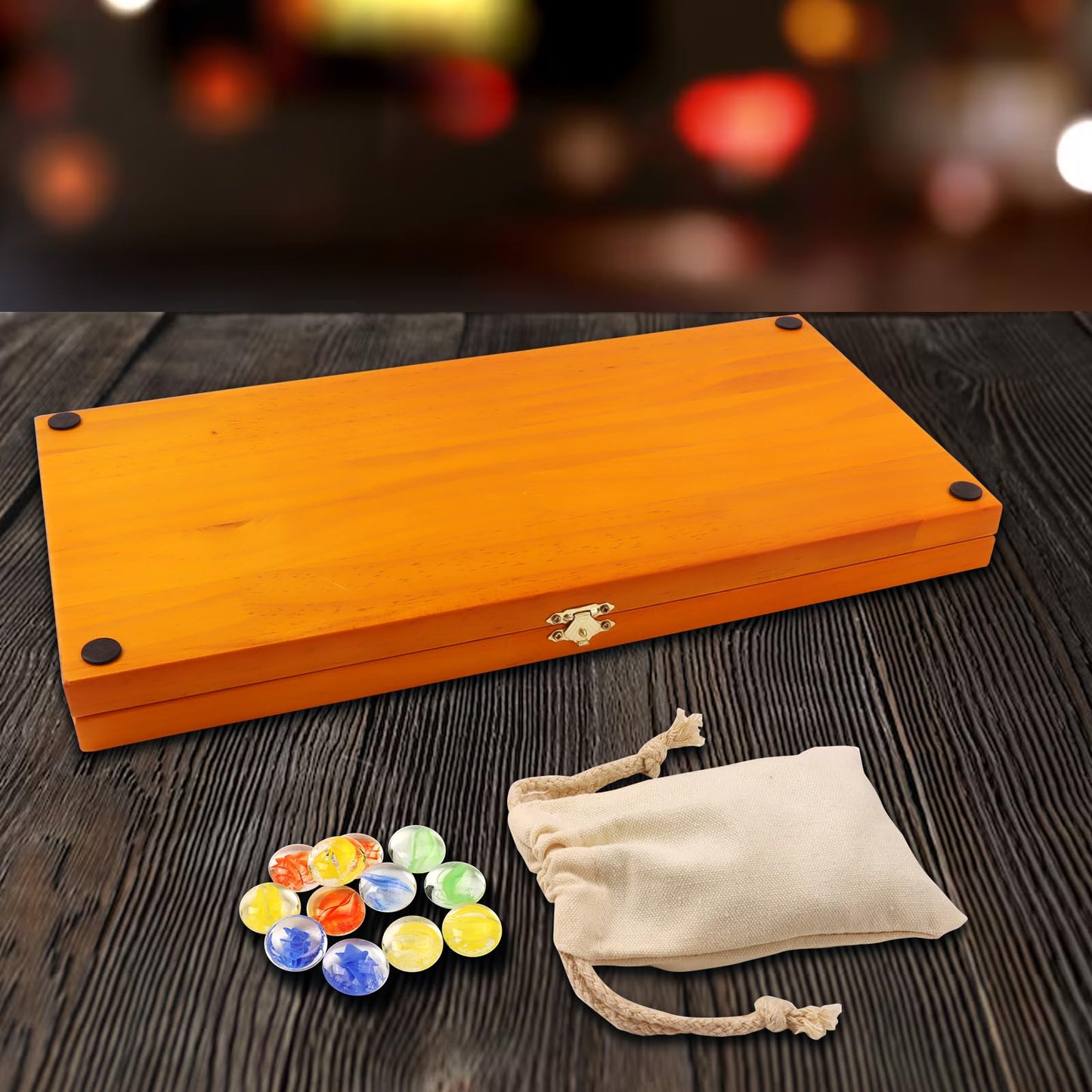 GSE Games 4-Player Mancala Board Game, Folding Wooden Set with Multi-Color Glass Stones, 16 x 16.5 x 0.75 inches, Oak